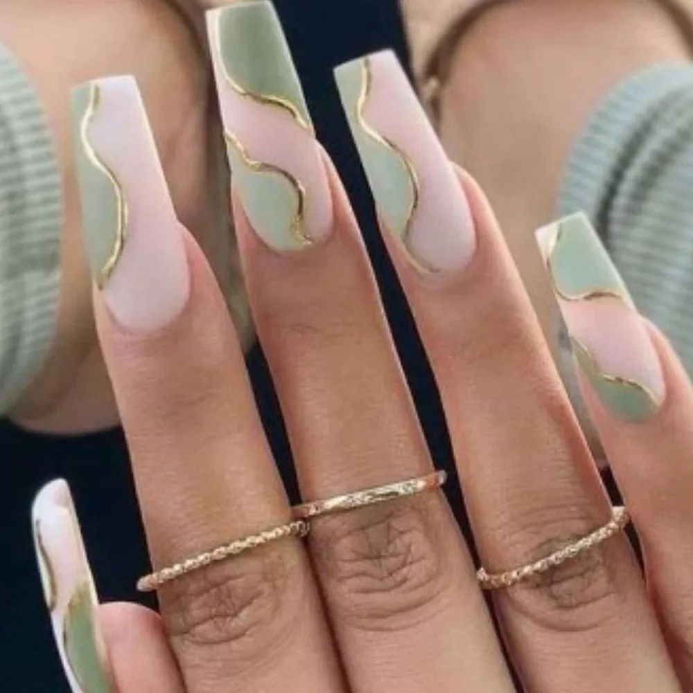 3for$20 24pcs Long Coffin Matte Texture White Wave Striped Pink Ballet Nails